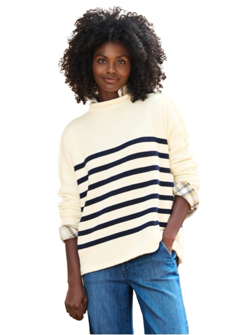 Frank & Eileen Monterey Rolled Funnel Neck Sweater Cream Navy Stripes Large